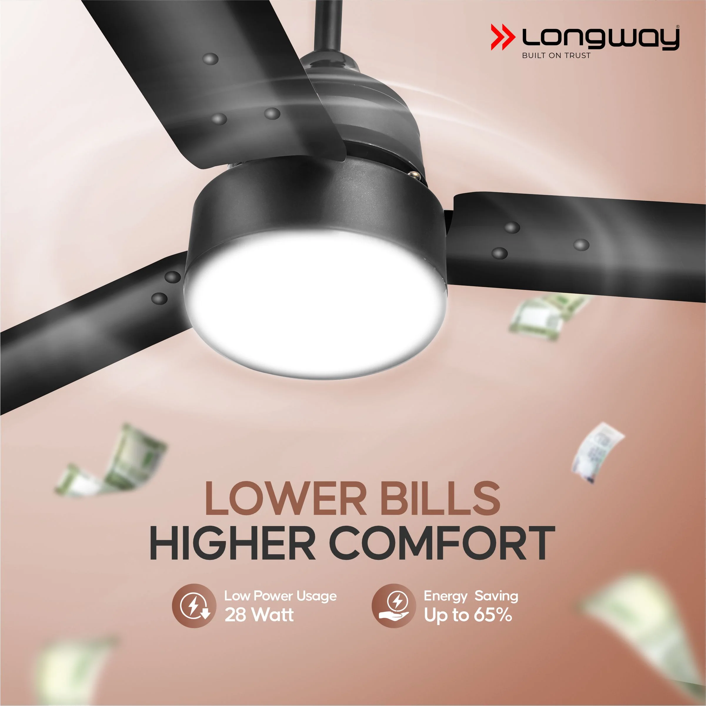 Longway Luminair 1200 mm BLDC Ceiling Fan with Remote Control | BEE 5 Star Rated Energy Efficient | Ultra High Speed 3 Blade Anti-Dust Decorative Ceiling Fan | 5 Years Warranty (Smoked Brown, Pack of 2) - Image 3