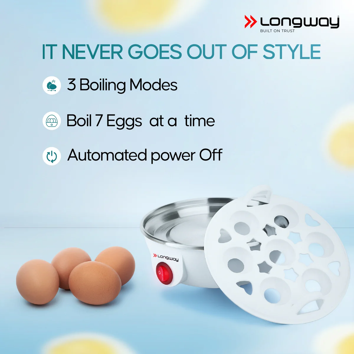 Longway Eggo 350 Watt Egg Boiler/Cooker for Steaming, Cooking & Boiling (White, 7 Eggs) - Image 3