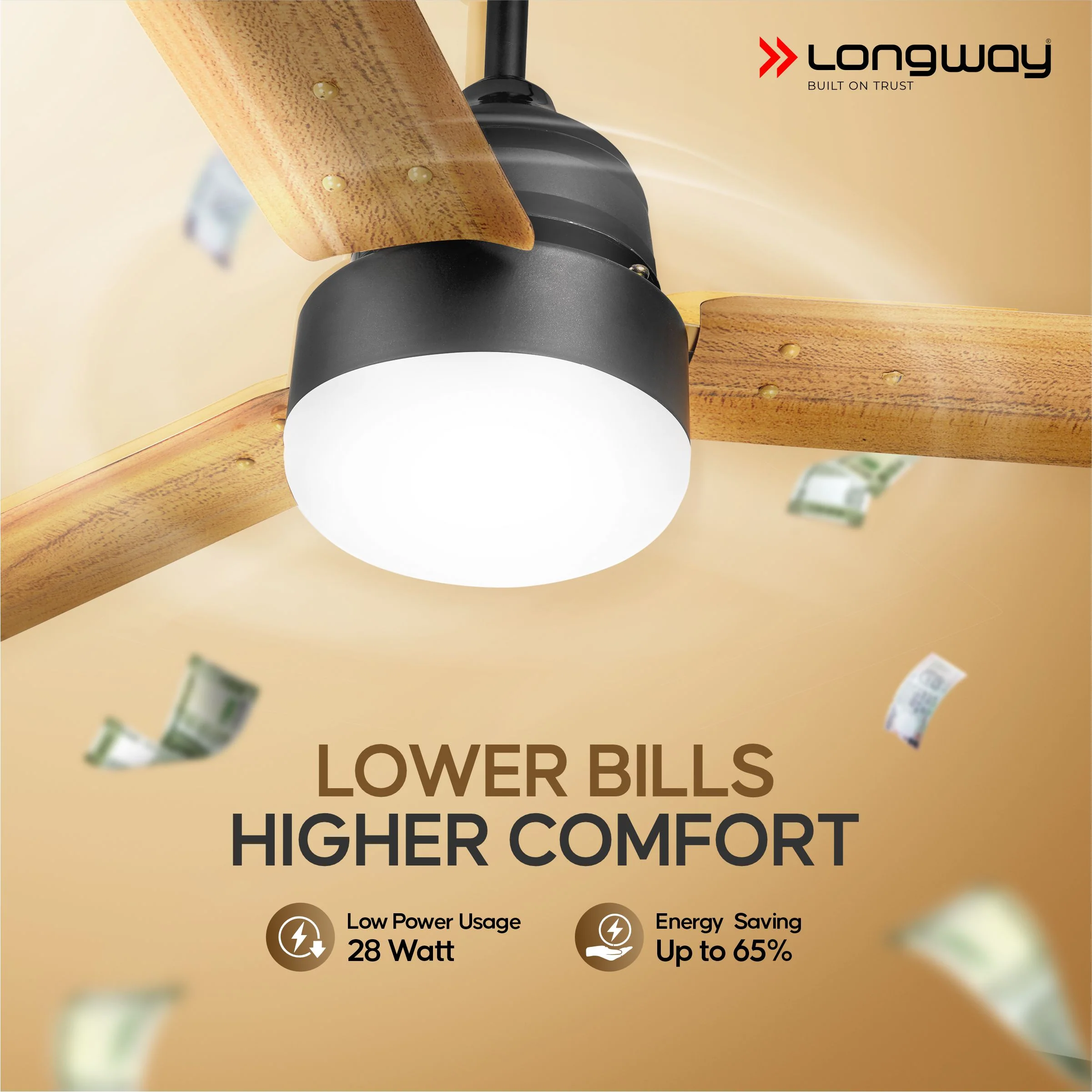 Longway Luminair Max 1200 mm BLDC Ceiling Fan with Remote Control & LED Light | BEE 5 Star Rated Energy Efficient | Ultra High Speed 3 Blade Anti-Dust Decorative Ceiling Fan | 5 Years Warranty (Golden Birch, Pack of 1) - Image 3