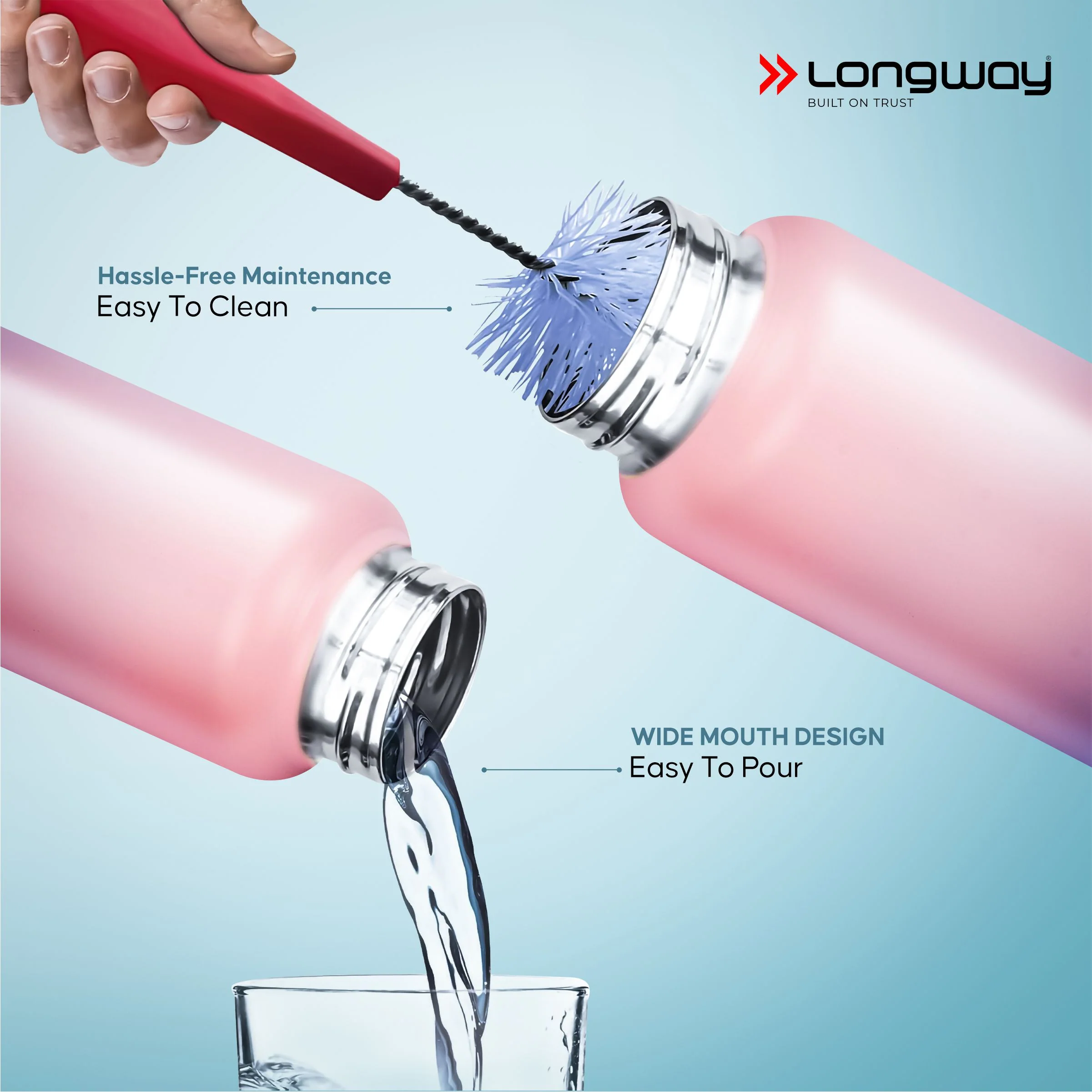 Longway Rush 1 Ltr Stainless Steel Water Bottle | Leak-Proof & Rust-Free Design | Perfect for School, Office, Home, Gym, Travel & Ideal for Men, Women & Kids (1000 ml, Aqua-Rose) - Image 6