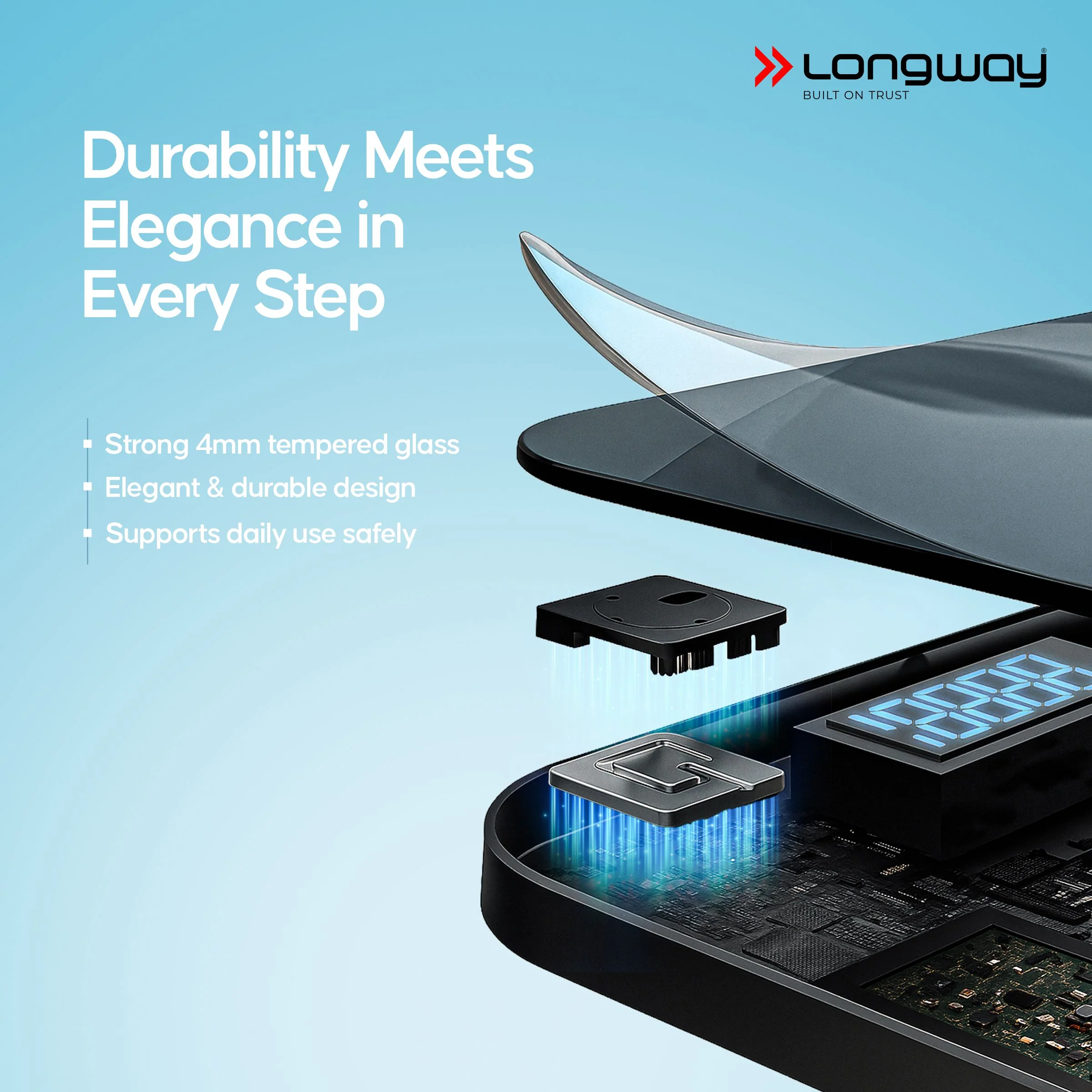 Longway Weight Machine for Home | Digital Bathroom Scale for Human Body Weight Measurement | Extra Thick Tempered Glass with LCD Display (36 Months Warranty | Black | Max Weight 180Kgs | Aura) - Image 5