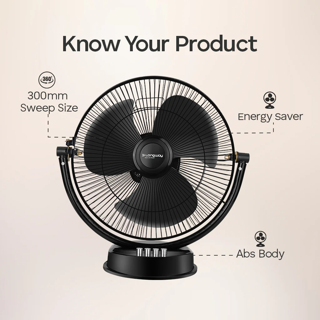 Longway Speedy P1 300 mm/12 Inch Ultra High Speed 3 Blade Anti-Dust Decorative Star Rated Table Fan (Black, Pack of 1) - Image 3