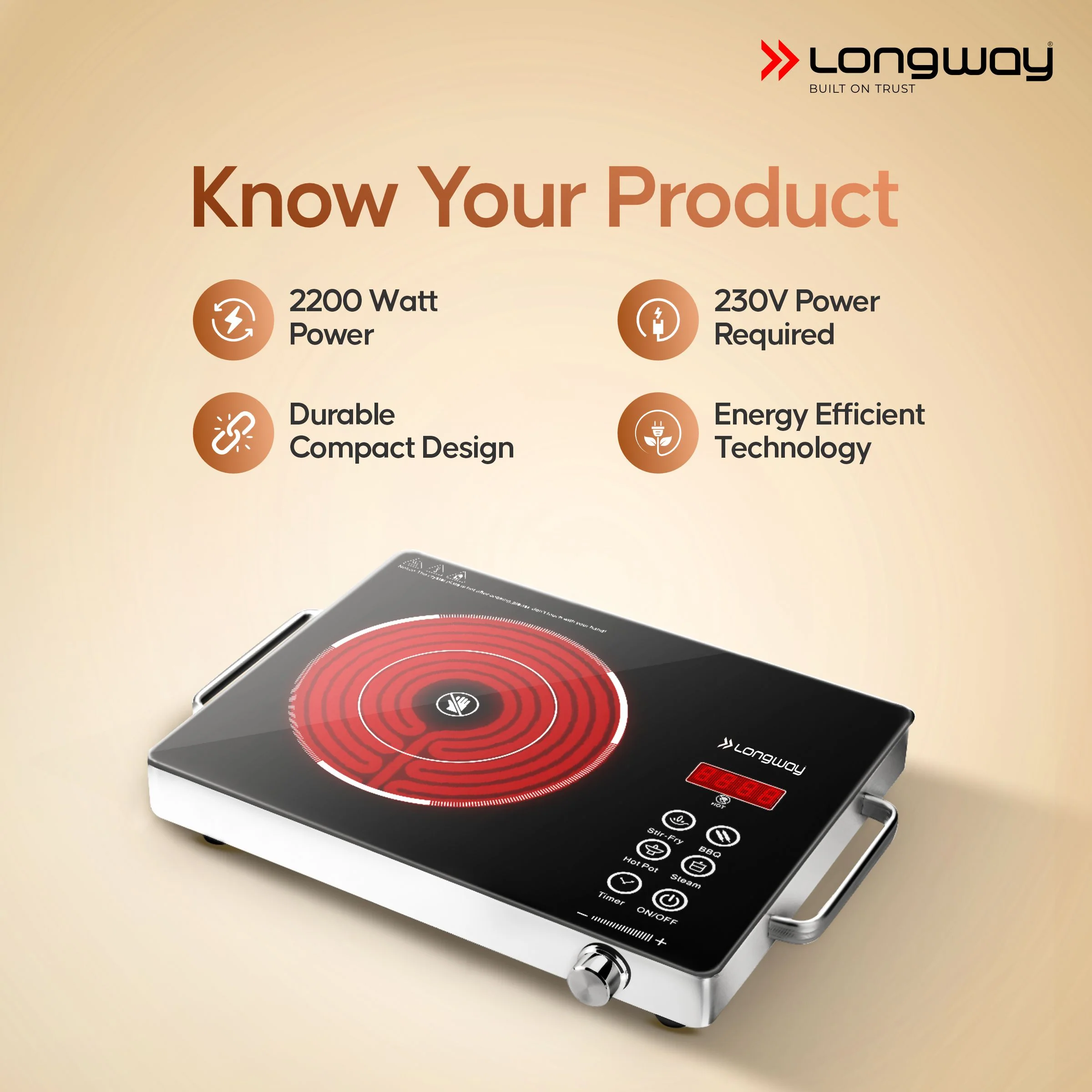 Longway Infralite Pro ICT 2200 W Infrared Cooktop with Free Stainless Steel Grill | Auto Shut Off & Overheat Protection  (Black, Touch Control) - Image 3