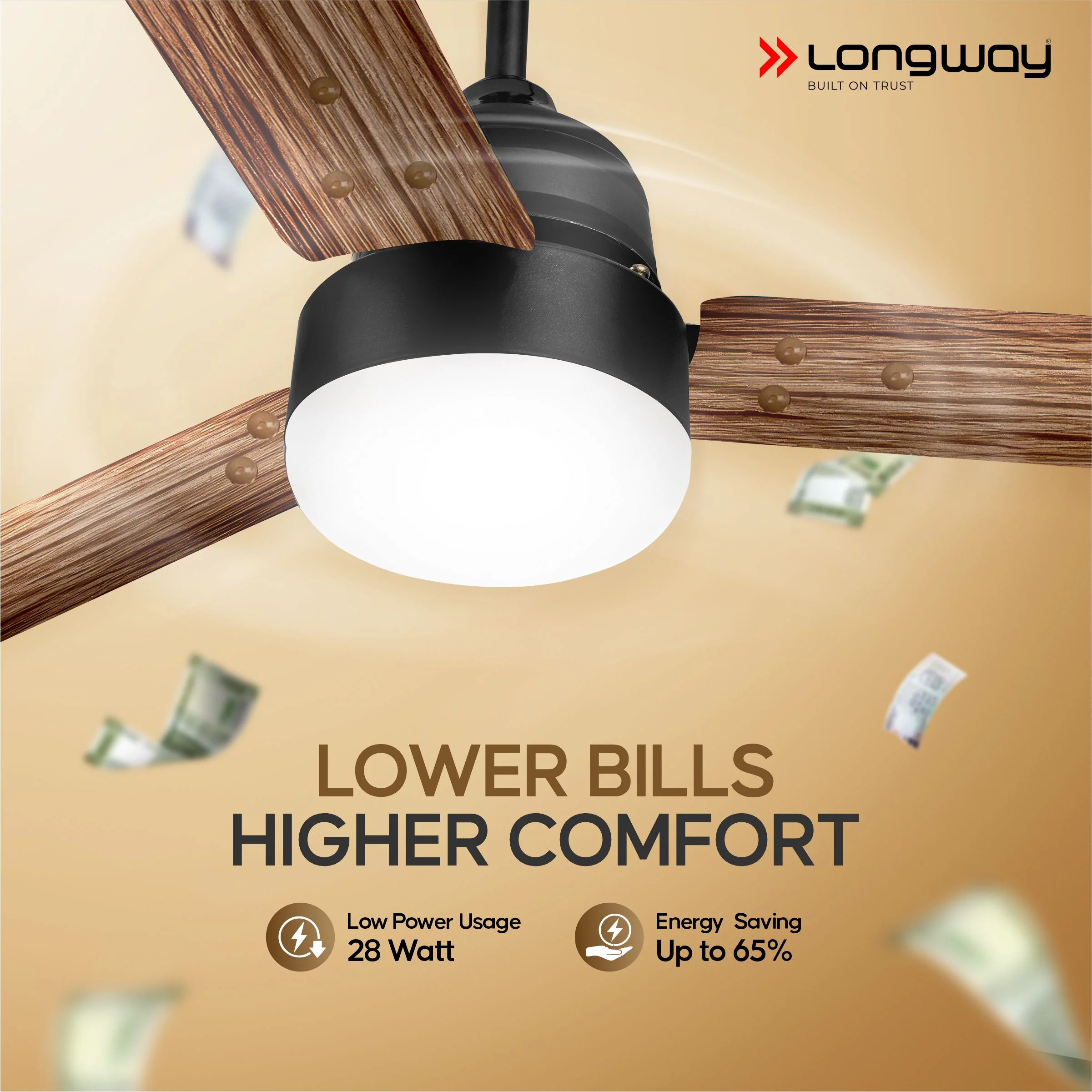 Longway Luminair Max 1200 mm BLDC Ceiling Fan with Remote Control & LED Light | BEE 5 Star Rated Energy Efficient | Ultra High Speed 3 Blade Anti-Dust Decorative Ceiling Fan | 5 Years Warranty (Smoked Cedar, Pack of 2) - Image 3