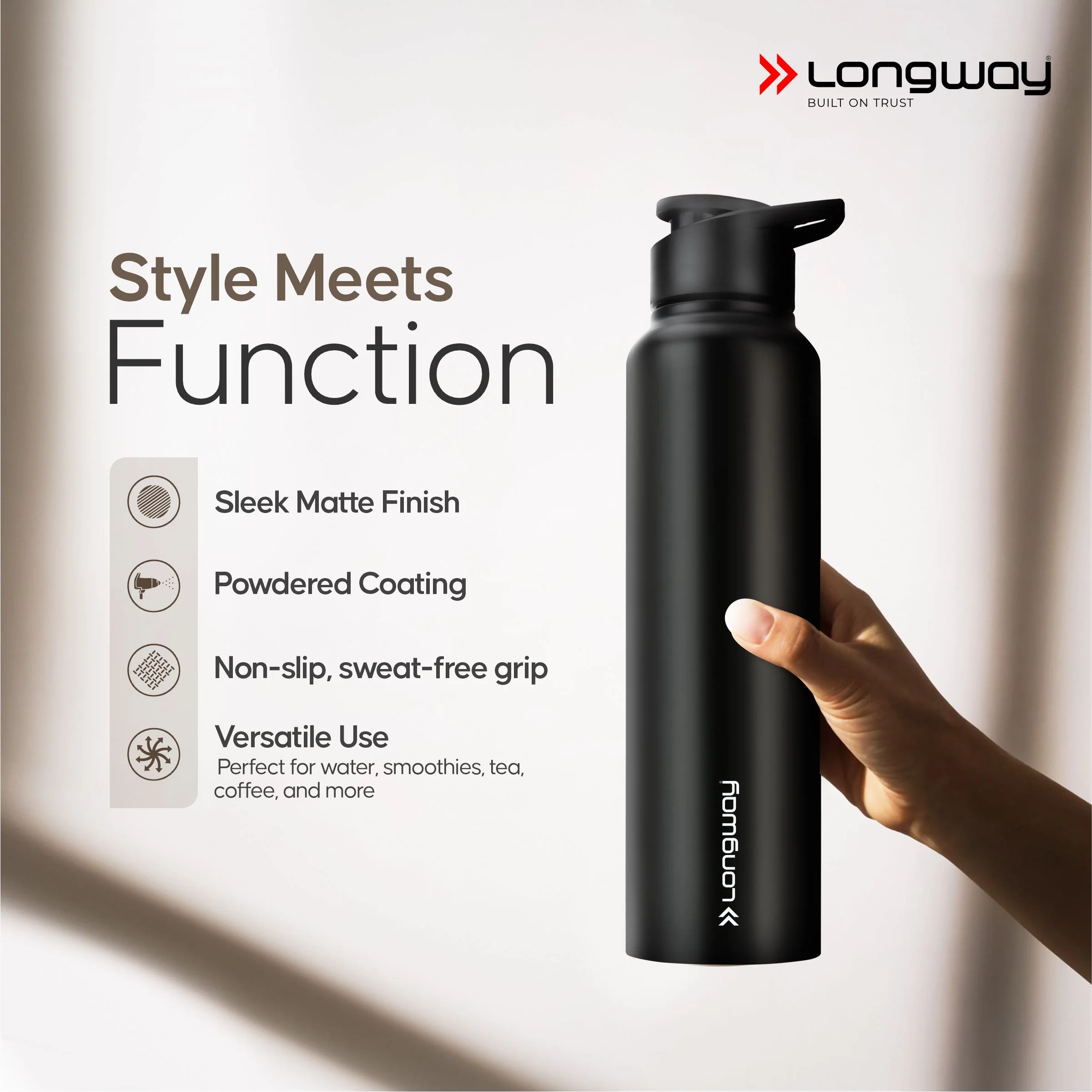 Longway Rush 1 Ltr Stainless Steel Water Bottle | Leak-Proof & Rust-Free Design | Perfect for School, Office, Home, Gym, Travel & Ideal for Men, Women & Kids (1000 ml) - Image 5