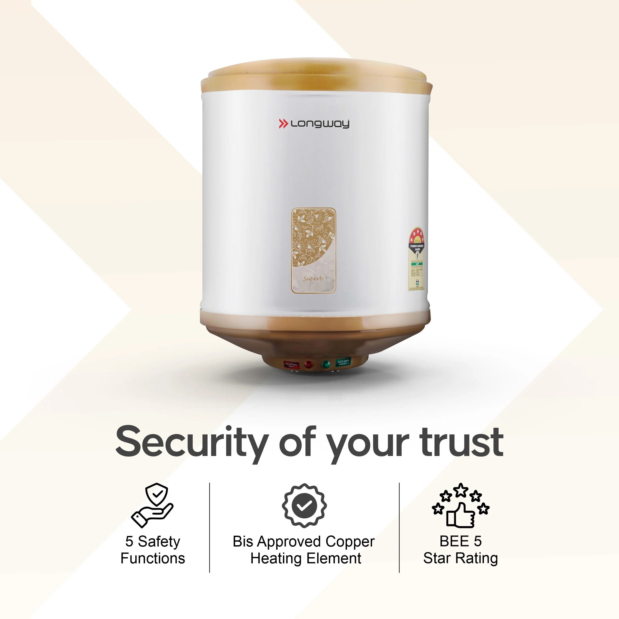 Longway Superb 10 Ltr 5 Star Rated Automatic Instant Water Heater for Home, Water Geyser, Water Heater, Electric Geyser with Multiple Safety System & Anti-Rust Coating | 5-Years Warranty on Tank | (Ivory, 10 Ltr) - Image 7