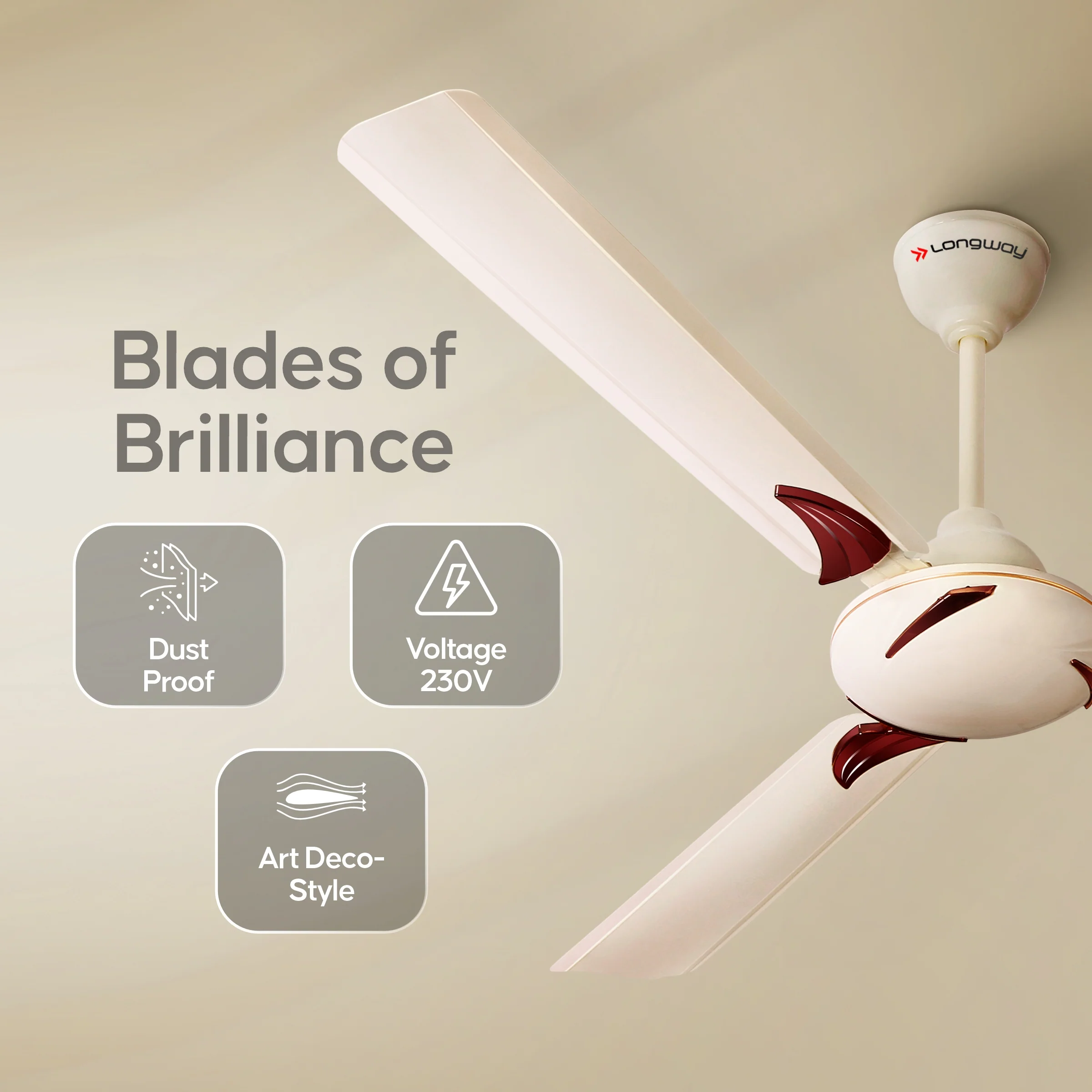 Longway Creta P2 1200 mm/48 inch Ultra High Speed 3 Blade Anti-Dust Decorative Star Rated Ceiling Fan (Ivory, Pack of 2) - Image 3