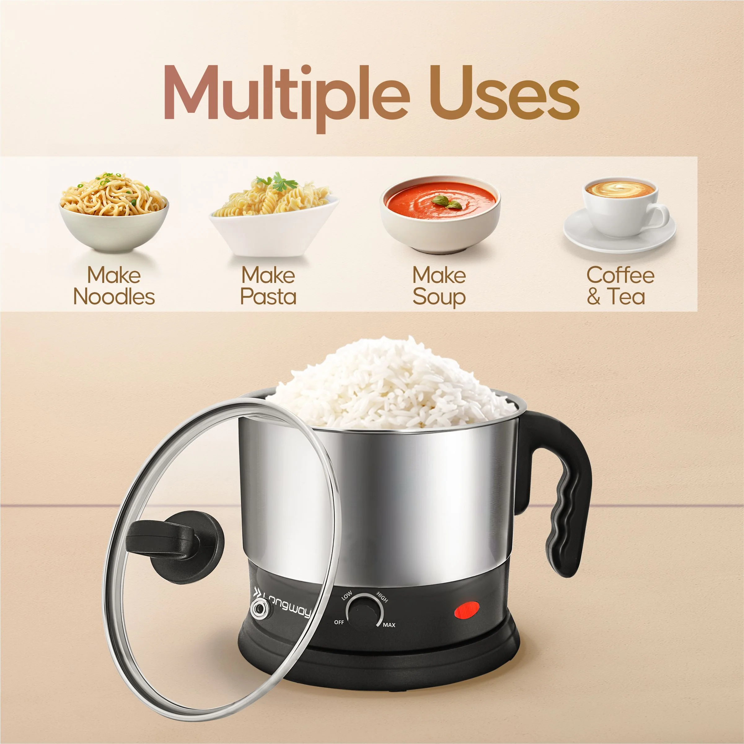 Longway Handy 1.5 Ltr Multi-Cooker Electric Kettle with Stainless Steel Body for Boiling & Cooking (Black & Silver, 600 Watt) - Image 5