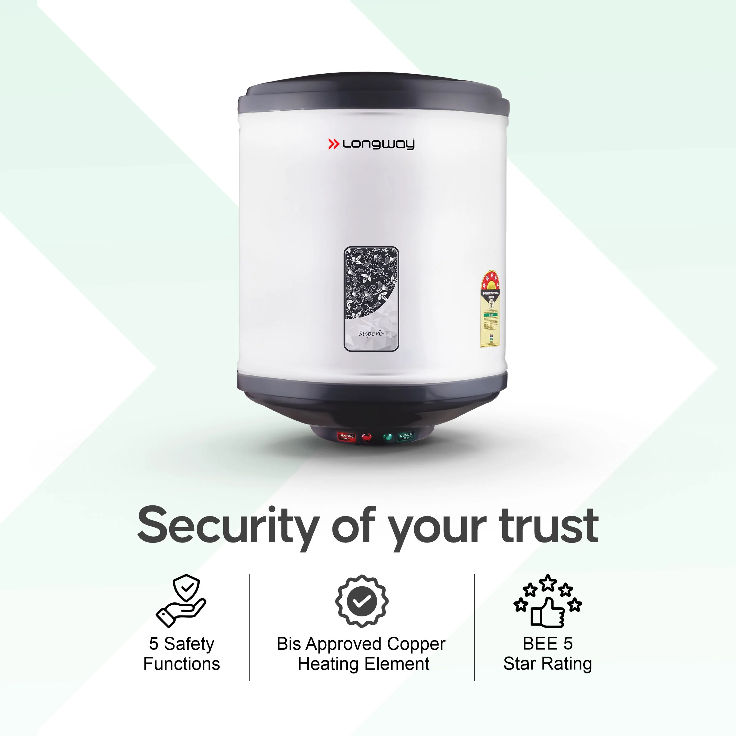 Longway Superb 35 Ltr 5 Star Rated Automatic Storage Water for Home, Water Geyser, Water Heater, Electric Geyser with Multiple Safety System & Anti-Rust Coating | 5-Years Warranty on Tank | (Gray, 35 Ltr) - Image 7