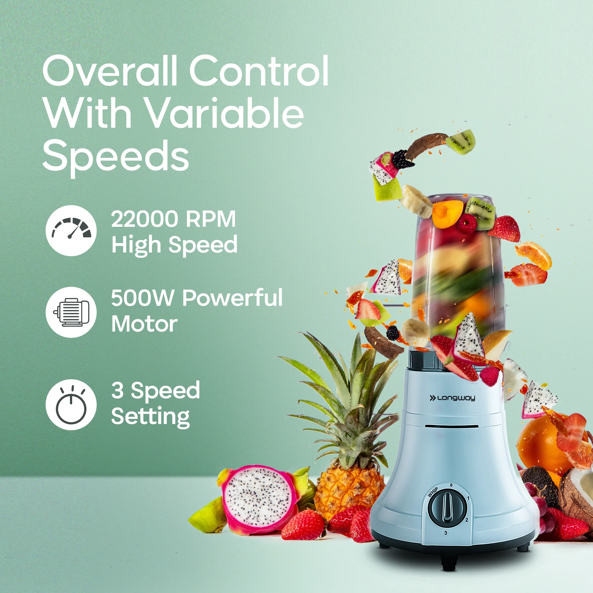 Longway Sage 500 Watt Juicer Mixer Grinder with 2 Jars for Grinding, Mixing, Juicing with Powerful Motor & Kwid 1100 Watt Dry Iron| 2 Years Warranty | (Gray & Black, 2 Jars, Combo Offer) - Image 3