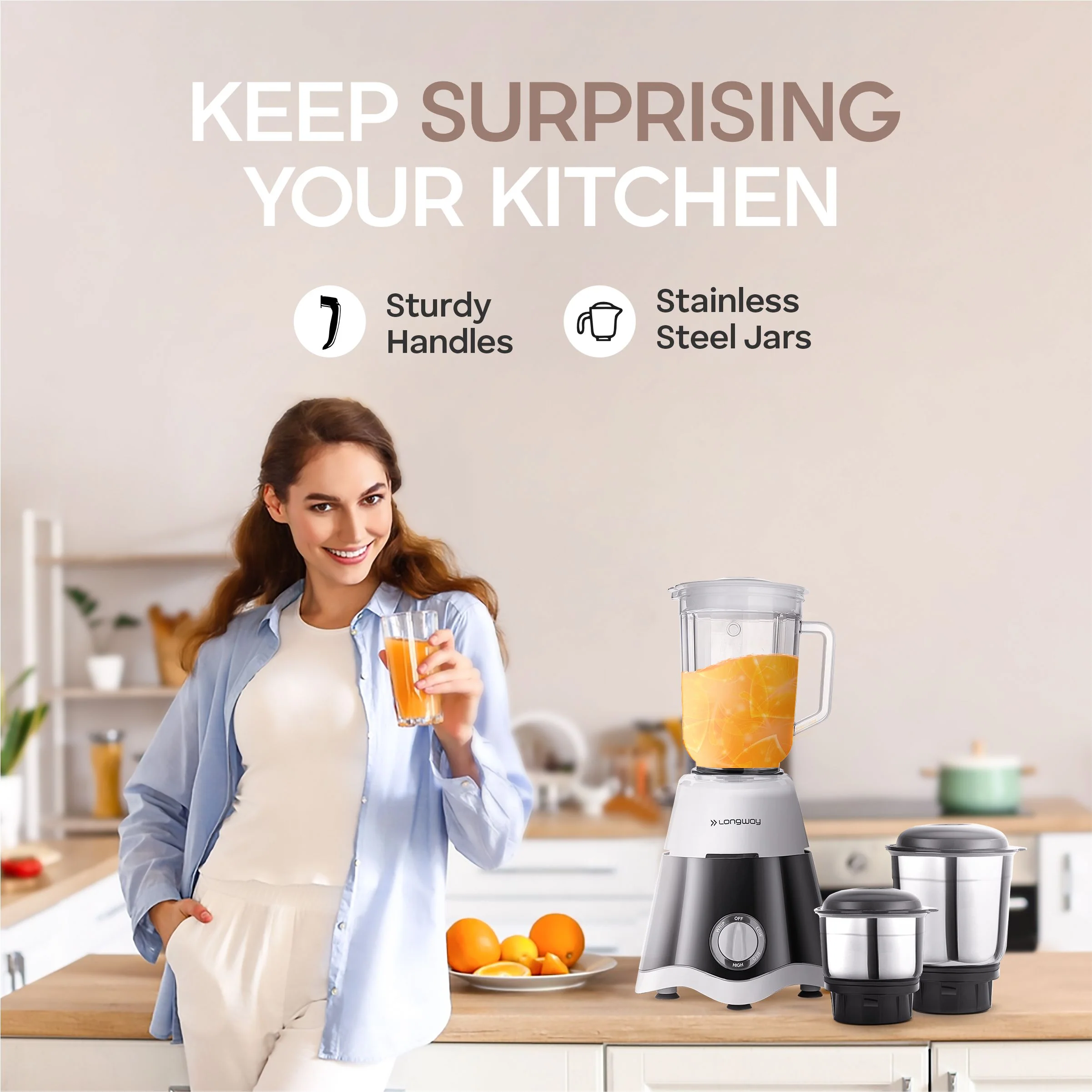 Longway Super Dlx Juicer Mixer Grinder | Up to 750 Watt Powerful Motor | 4 Jars for Grinding, Mixing, Juicing | 2 Years Warranty | Black & Gray - Image 6